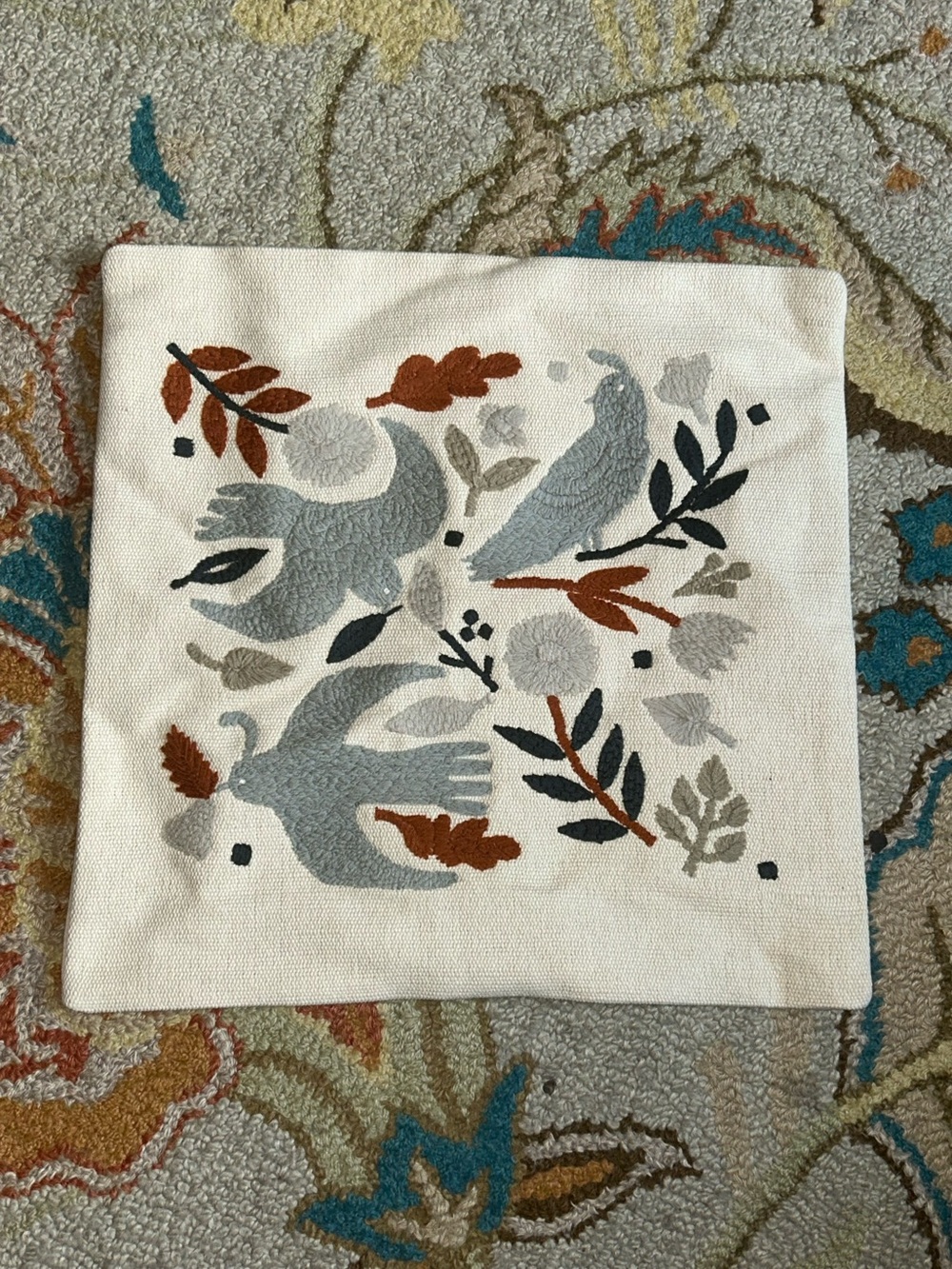 West Elm Embroidered Crewel Work Birds Cream Cushion Cover Boho OOAK